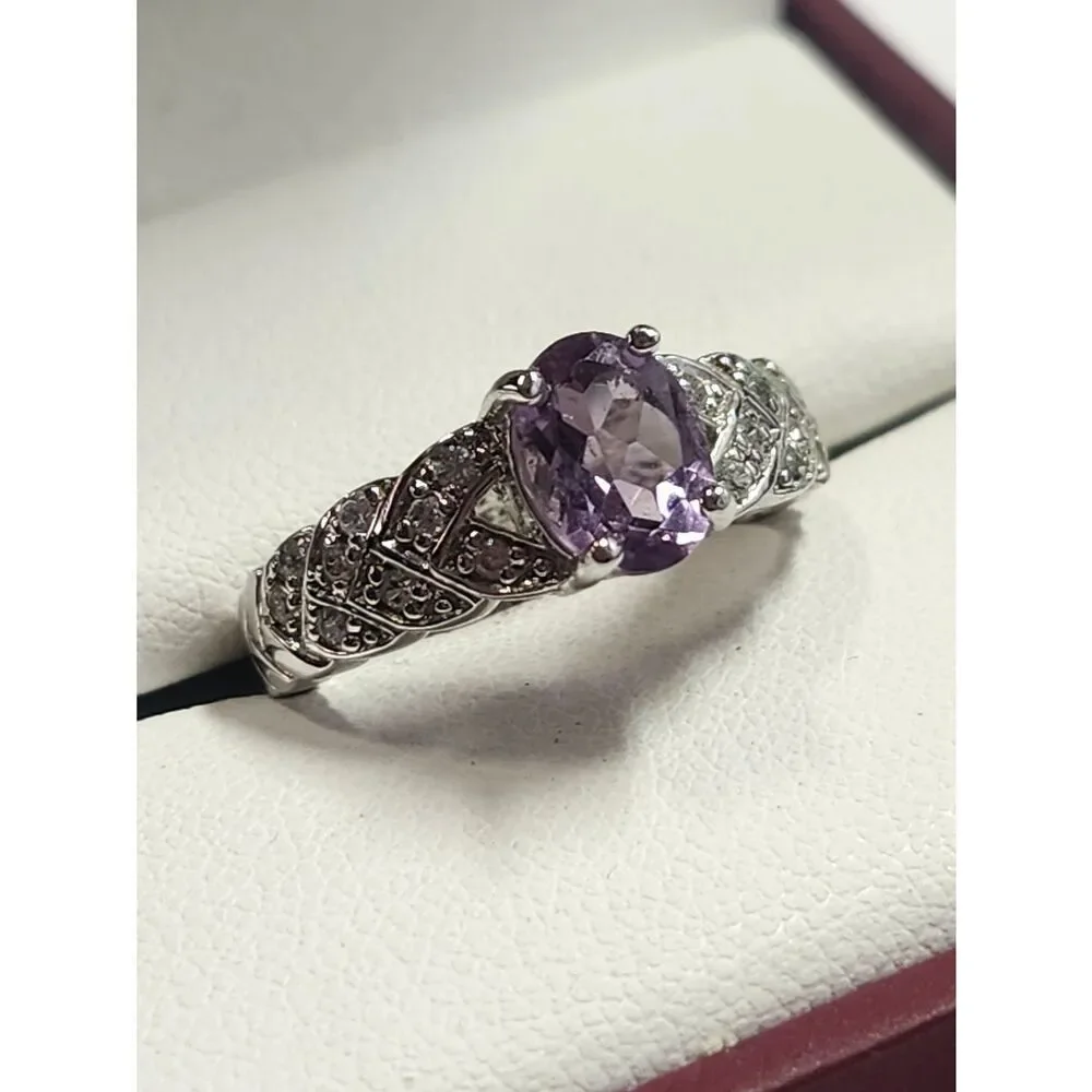 Silver Plated Amethyst Ring with Pavé Accents - Purple Size 6